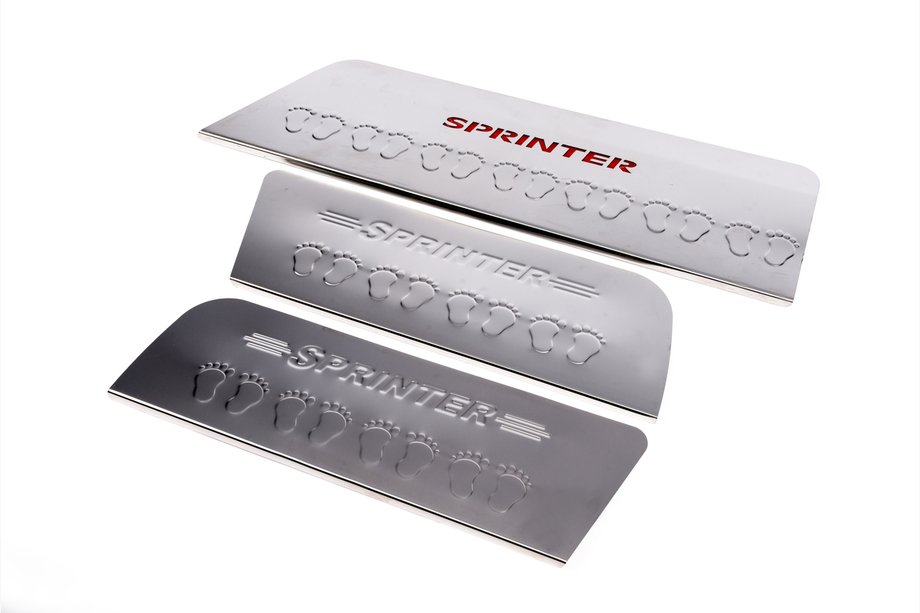 Mercedes Sprinter W906 2006–2018 Interior door sill plates Carmos V4 (3 pcs, stainless steel) Image