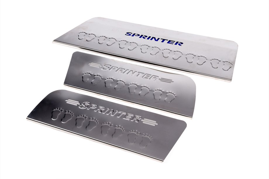 Mercedes Sprinter W906 2006–2018 Stainless Steel Interior Door Sill Protectors Carmos V5 (3 pcs) Image