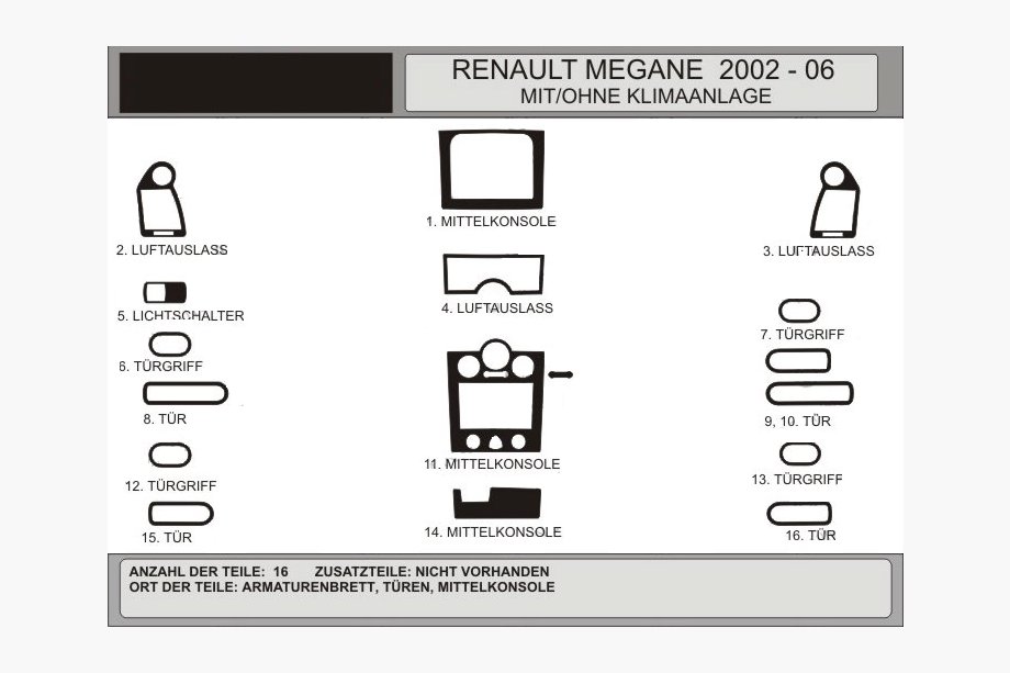 Renault Megane II 2004-2009 Dashboard Trim Kit 16 Pieces (Hartman, Poland) Image