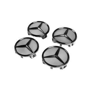 Wheel center caps 71/74 mm without ring (4 pcs, grey with black logo) photo 1