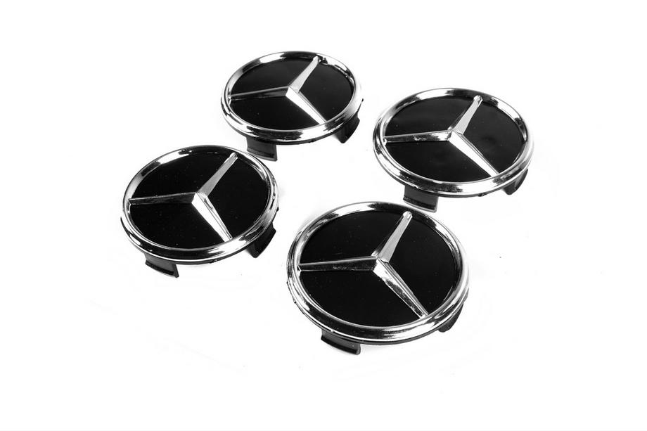 Mercedes-Benz Wheel center caps 71/74 mm without ring (4 pcs, black with chrome logo) Photo 1