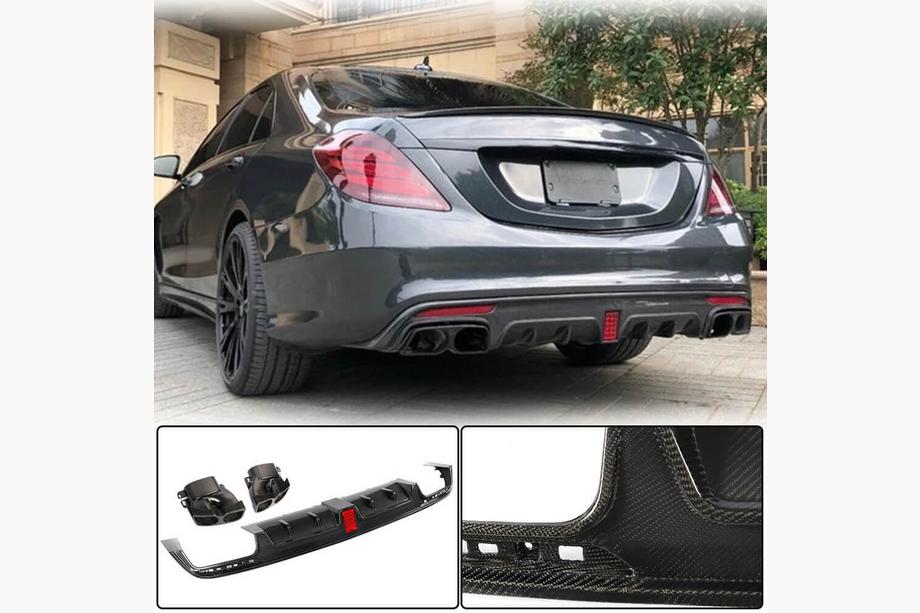 Mercedes S-class W222 2013-2022 Rear bumper diffuser with exhaust tips (for S63 AMG 2014-2017, Carbon) Image