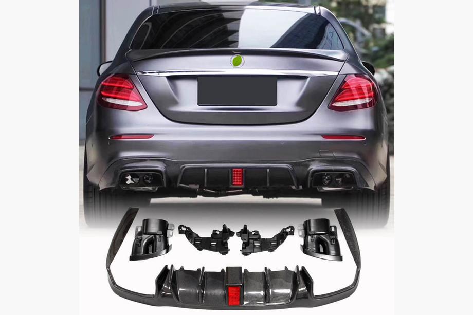 Mercedes E-class W213 2016-2023 Rear Bumper Diffuser with Tips V2 (for AMG/AMG-Line 2016-2019, Carbon) Image