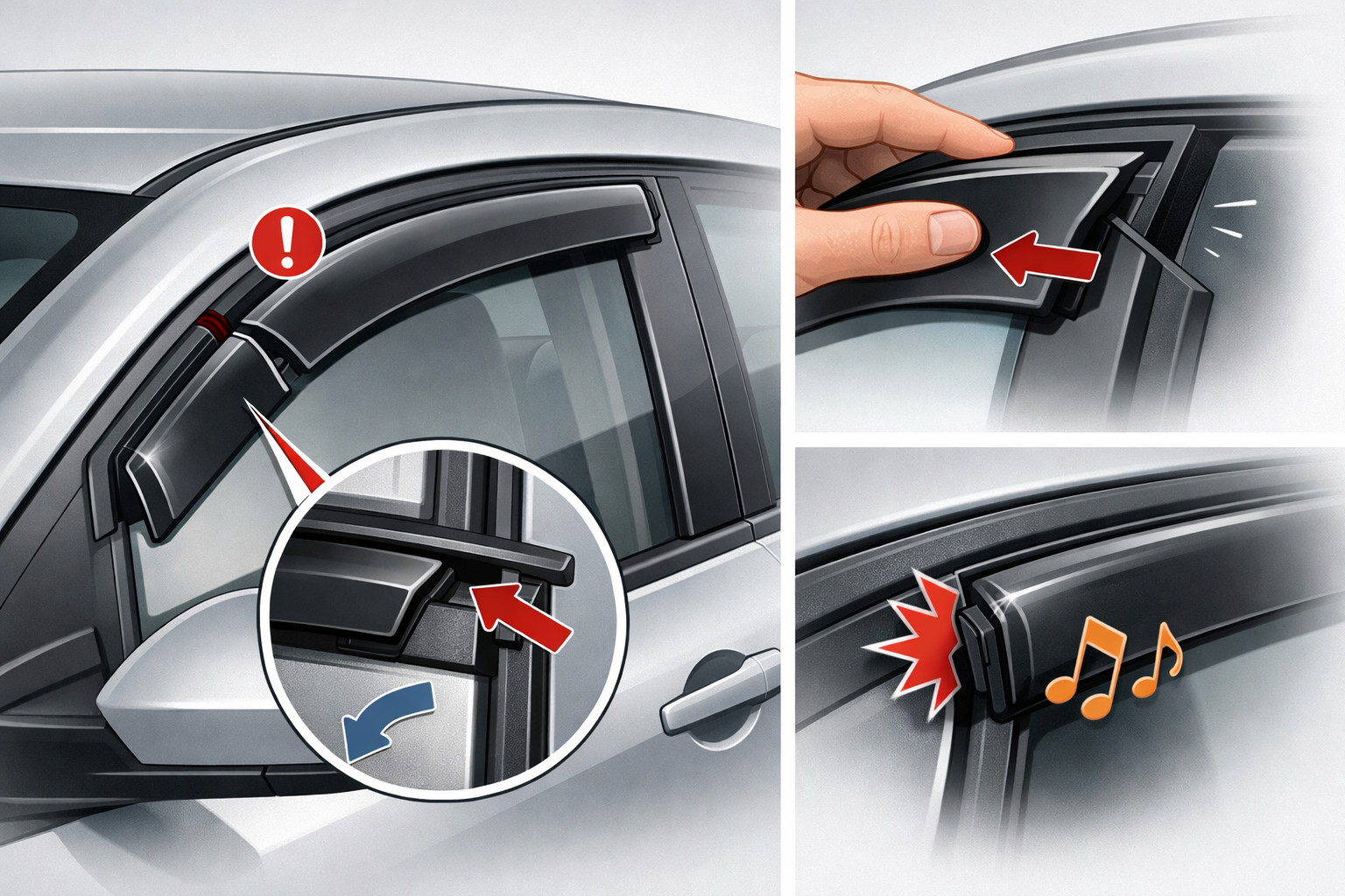 In-channel wind deflectors fall out or squeak: install error