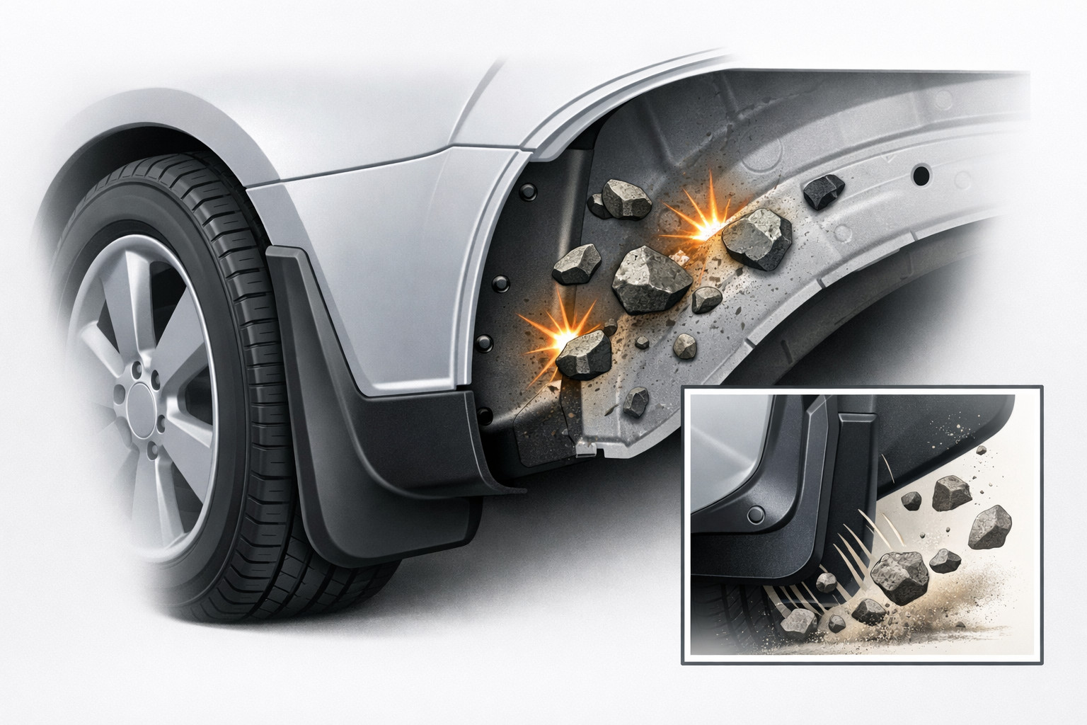 Stones hit the rear wheel arches: Do mud flaps help?