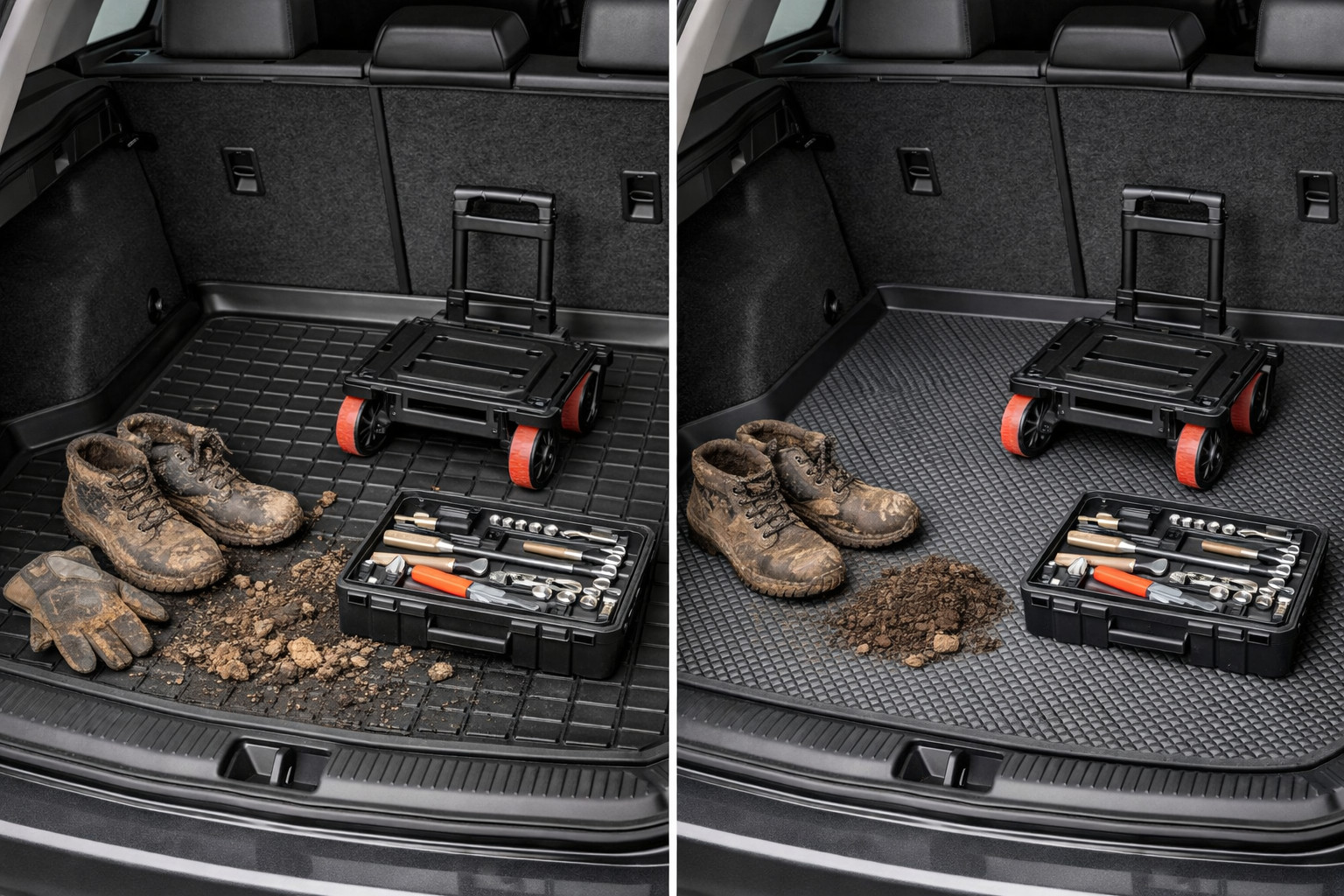 Rubber trunk mat or EVA: which is better for a stroller, tools and dirt?