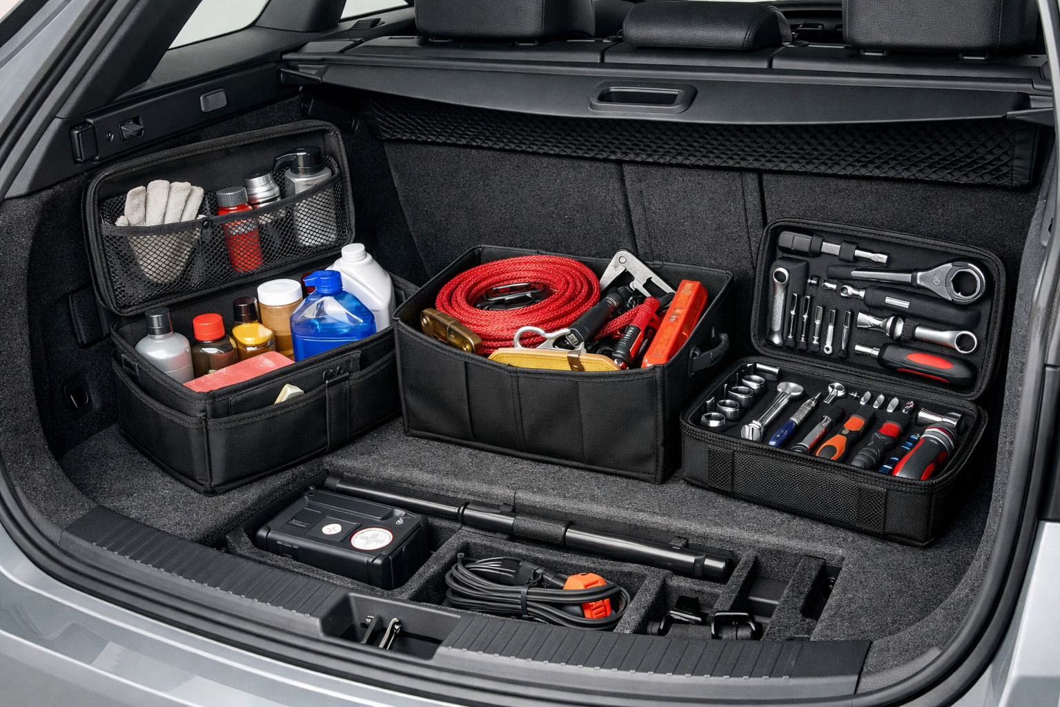 How to keep car chemicals, tow ropes and tools tidy in the trunk