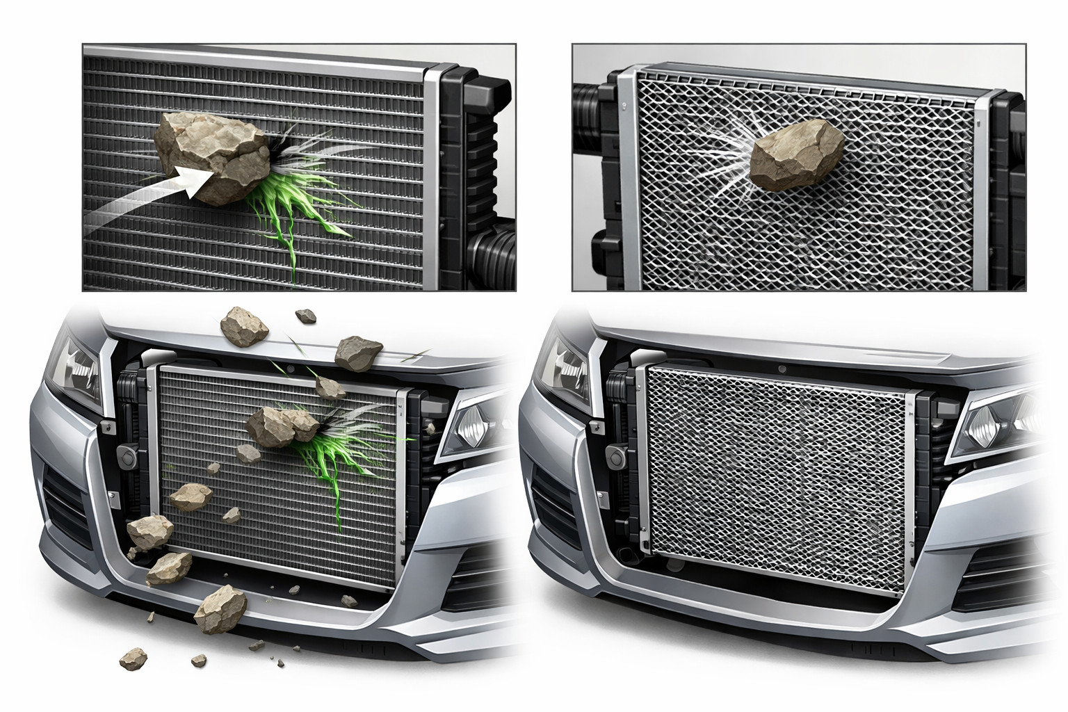 Stone hits puncture the radiator: Does an aluminum mesh help?