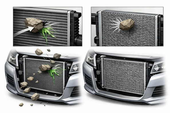 Stone hits puncture the radiator: Does an aluminum mesh help?
