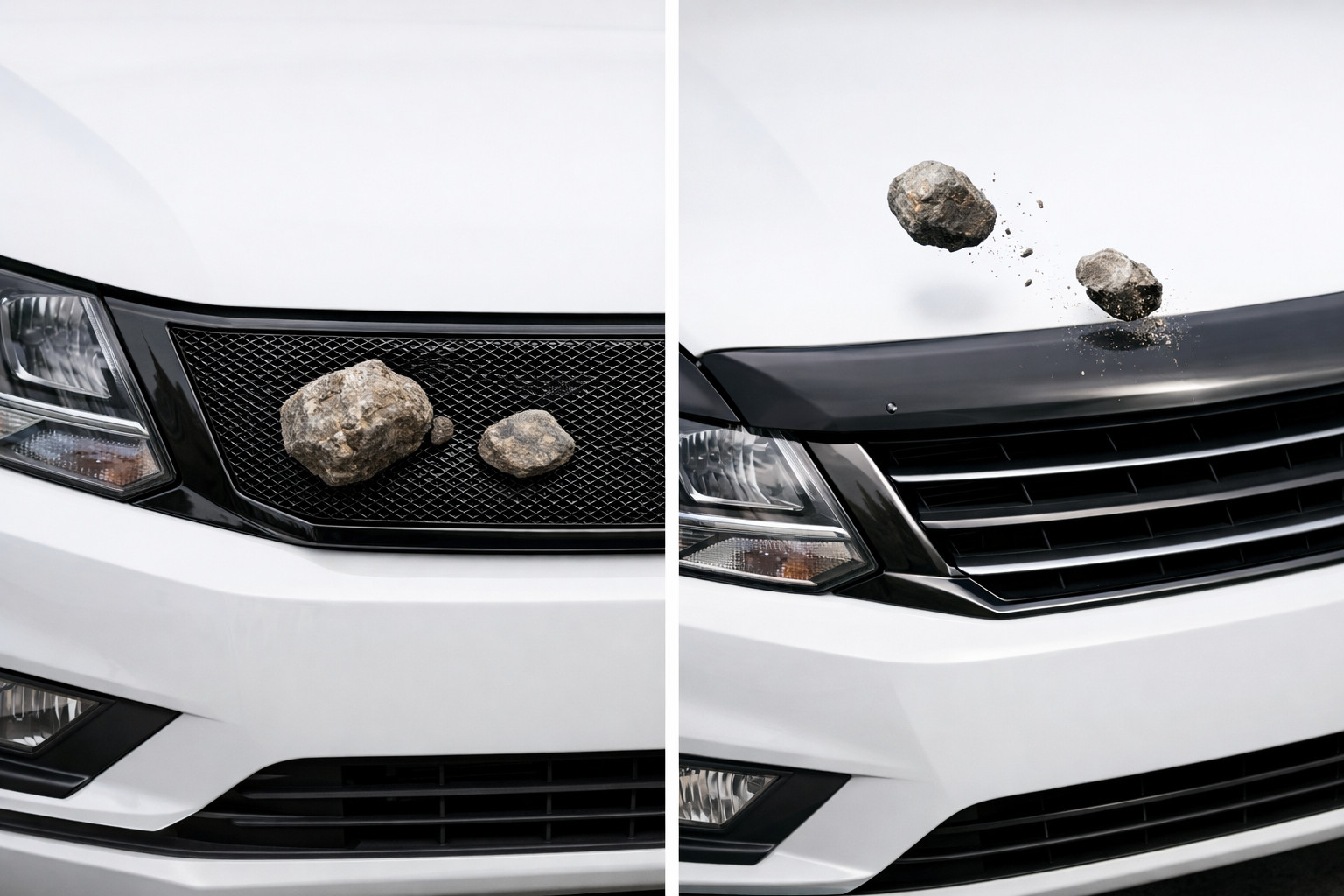 What protects better from road stones: grille mesh or hood deflector