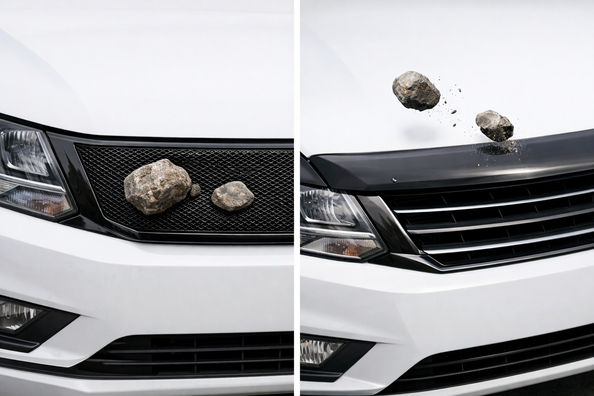 What protects better from road stones: grille mesh or hood deflector