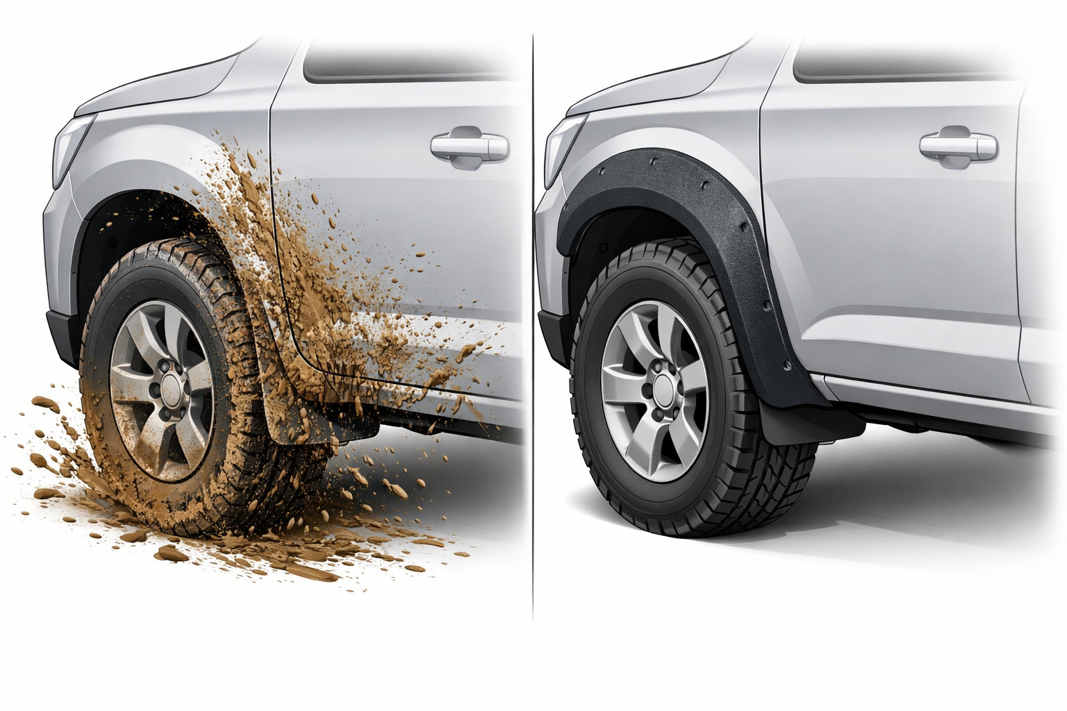 Wheels splash mud on doors and arches: when Bushwacker helps