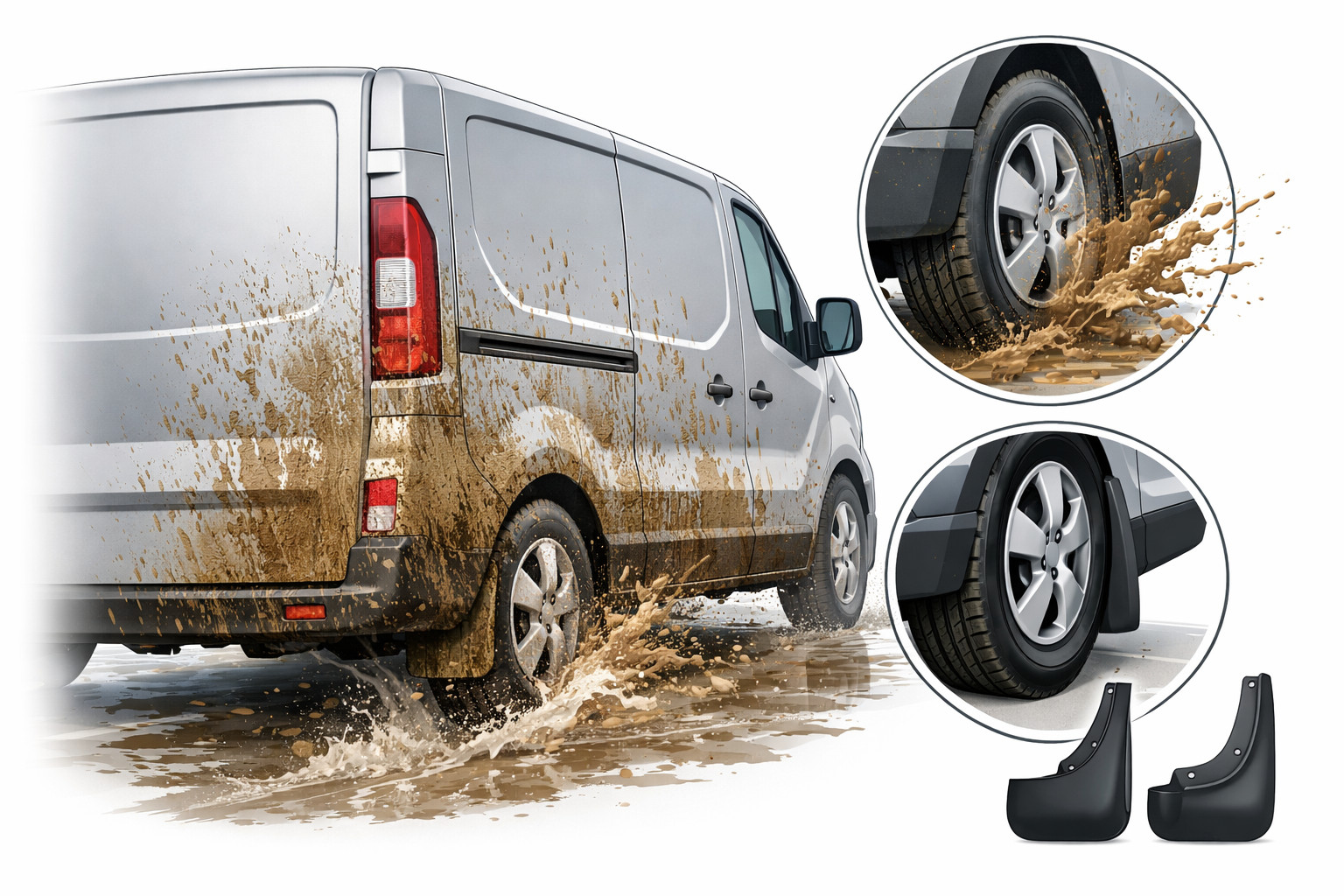 Why the Renault Trafic is covered in dirt after rain and which mud flaps to fit