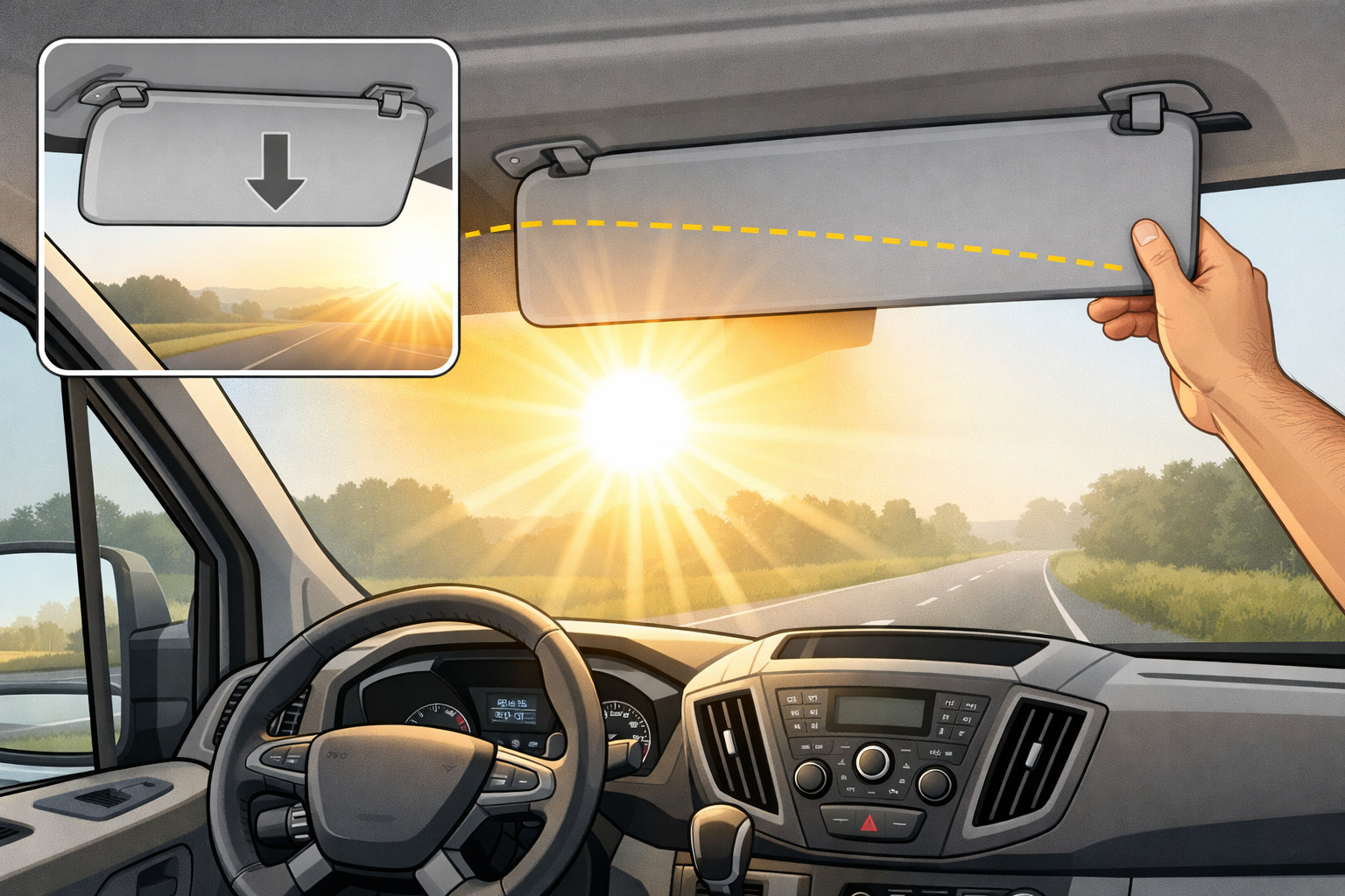 How to reduce sun glare on a Ford Transit windshield on morning drives
