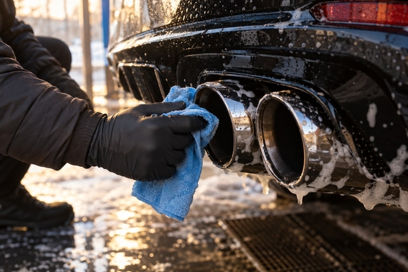 Exhaust tips and rear diffuser in winter: condensation, salt and soot Photo 1